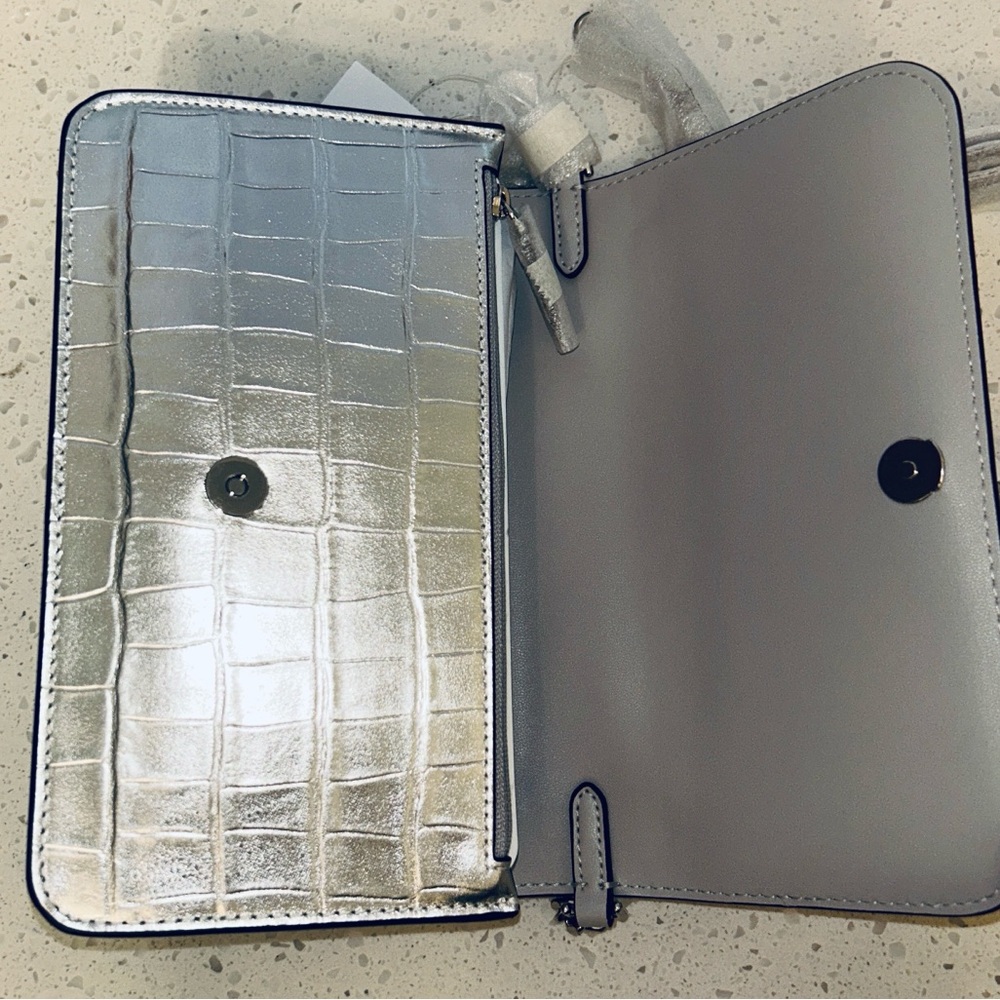 ♠️ Kate Spade Madison Croc Embossed Mini Crossbody & Slim Card Holder Silver NWT - Picture 9 of 17